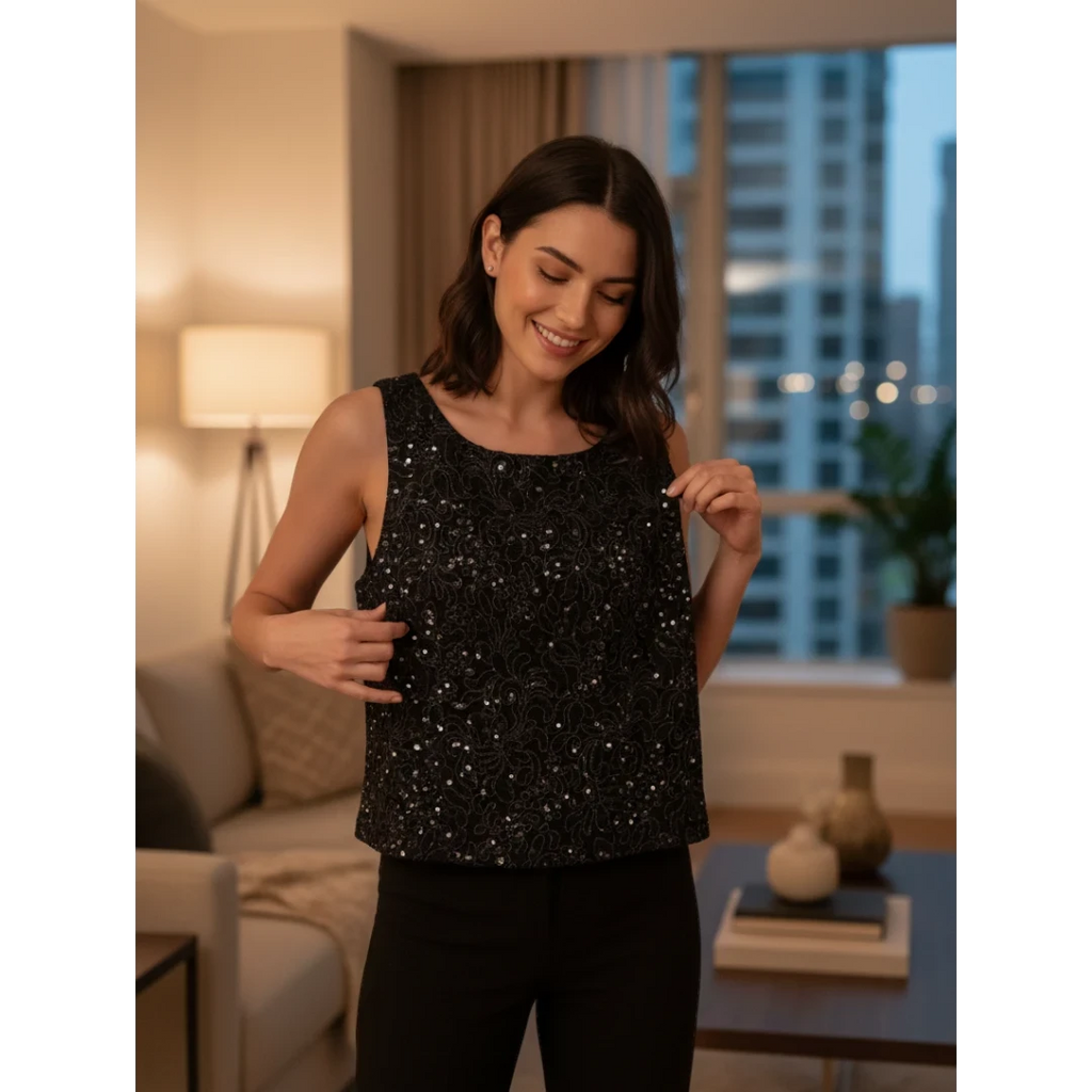 Yanet Collection Shop woman wearing a black sleeveless top with intricate silver sequin embroidery in a cozy room