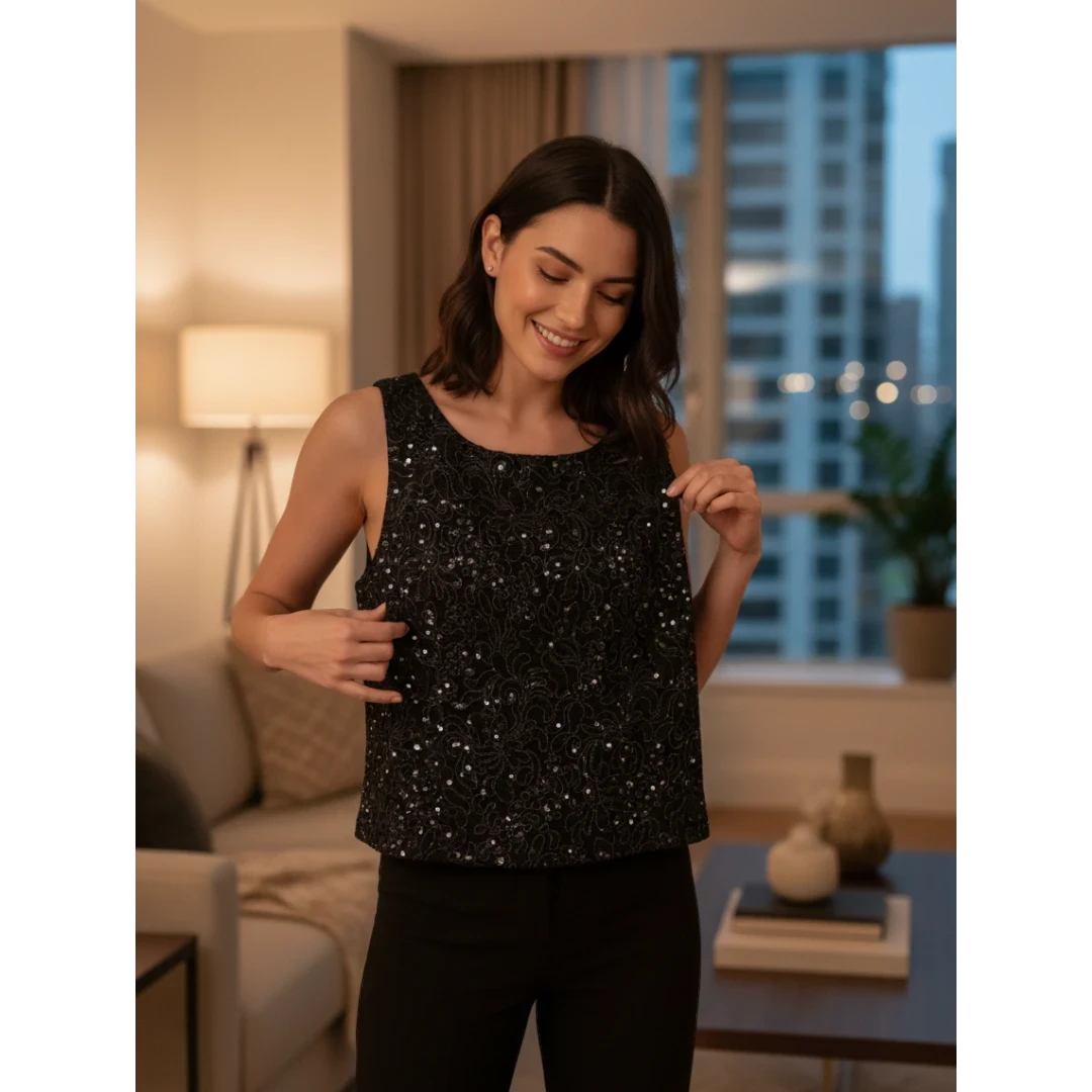 Yanet Collection Shop woman wearing a black sleeveless top with intricate silver sequin embroidery in a cozy room