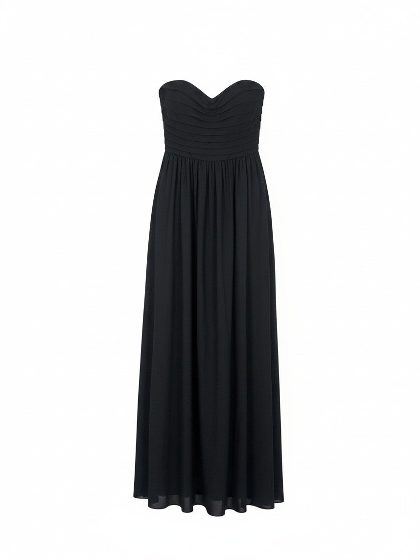 Yanet Collection Shop black strapless maxi dress featuring a fitted ruffled bodice and a flowing floor-length skirt.