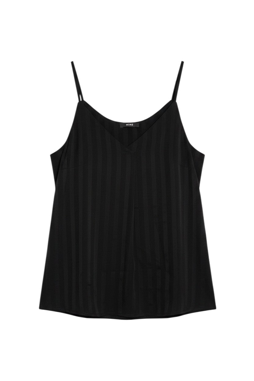 Yanet Collection Shop black tank top with delicate spaghetti straps and a subtle vertical striped texture