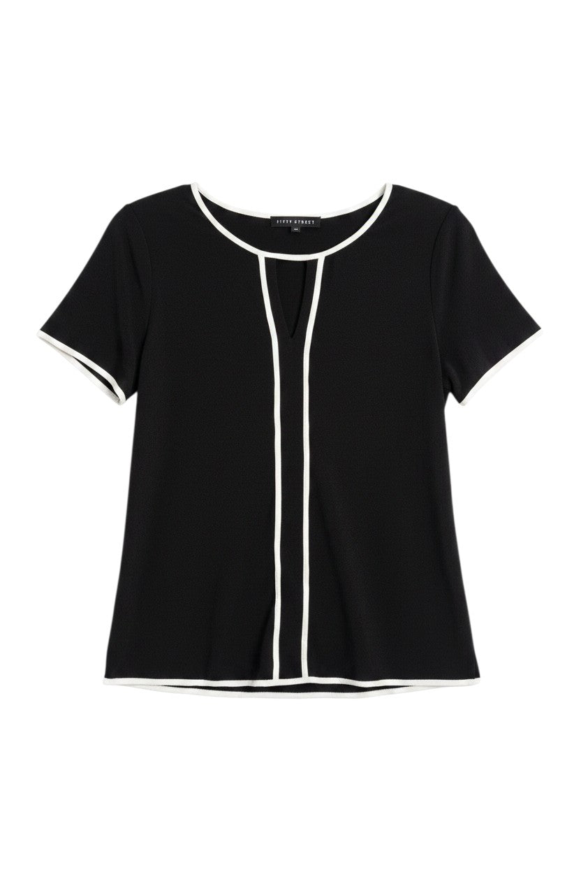 Yanet Collection Shop black short sleeve top with white trim detail and a keyhole neckline in a relaxed fit
