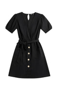 Yanet Collection Shop black short sleeve wrap dress with button front, tie waist, and textured fabric.