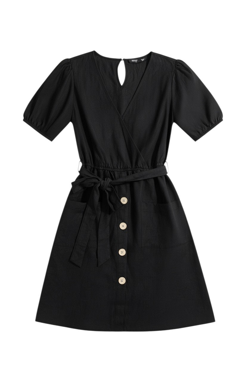 Yanet Collection Shop black short sleeve wrap dress with button front, tie waist, and textured fabric.