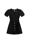 Yanet Collection Shop black knee-length wrap dress with short puff sleeves, v-neckline, button front, and waist tie.