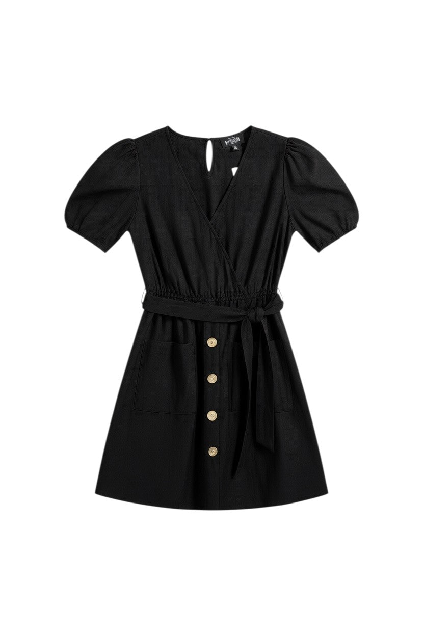Yanet Collection Shop black knee-length wrap dress with short puff sleeves, v-neckline, button front, and waist tie.