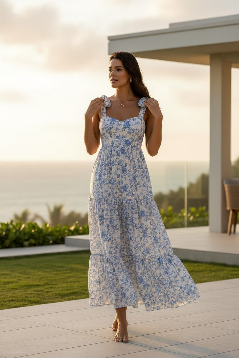 Yanet Collection Shop blue floral maxi dress with spaghetti straps and a flowing tiered skirt worn by a model outdoors
