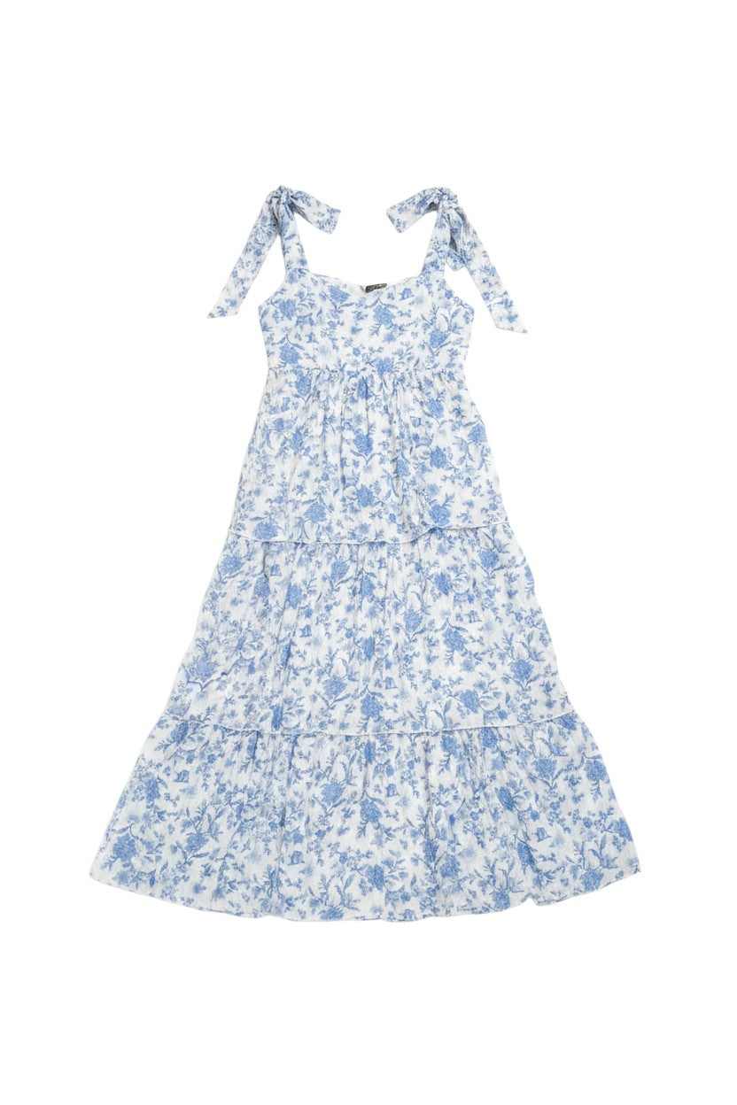 Yanet Collection Shop blue floral print maxi dress with tie-shoulder spaghetti straps and a tiered flowing skirt