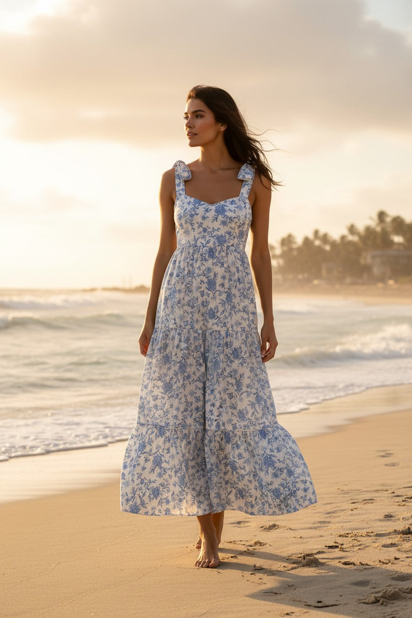 Yanet Collection Shop blue floral maxi dress with spaghetti straps and square neckline worn by a woman on the beach