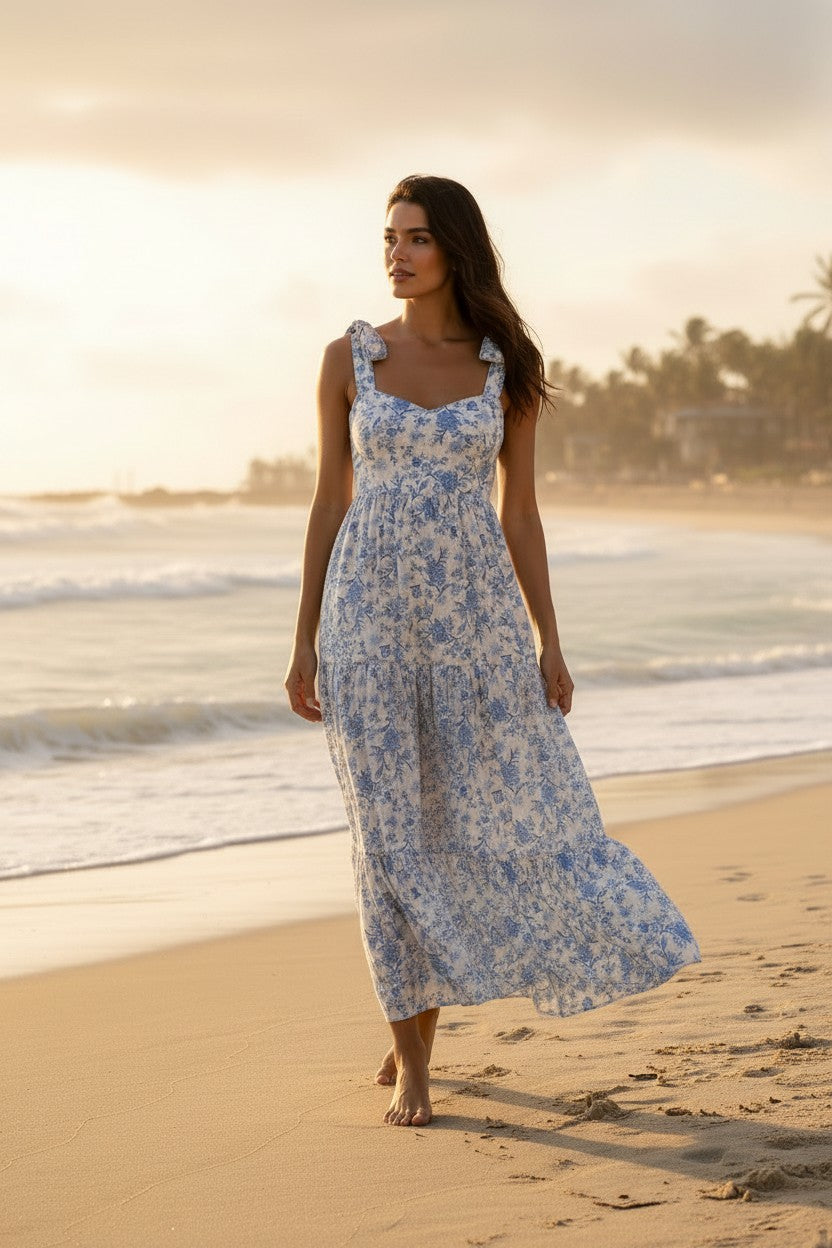 Yanet Collection Shop blue floral maxi dress with spaghetti straps and square neckline worn by a woman on the beach