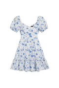 Yanet Collection Shop blue and white floral print mini dress with short puff sleeves and a tiered skirt