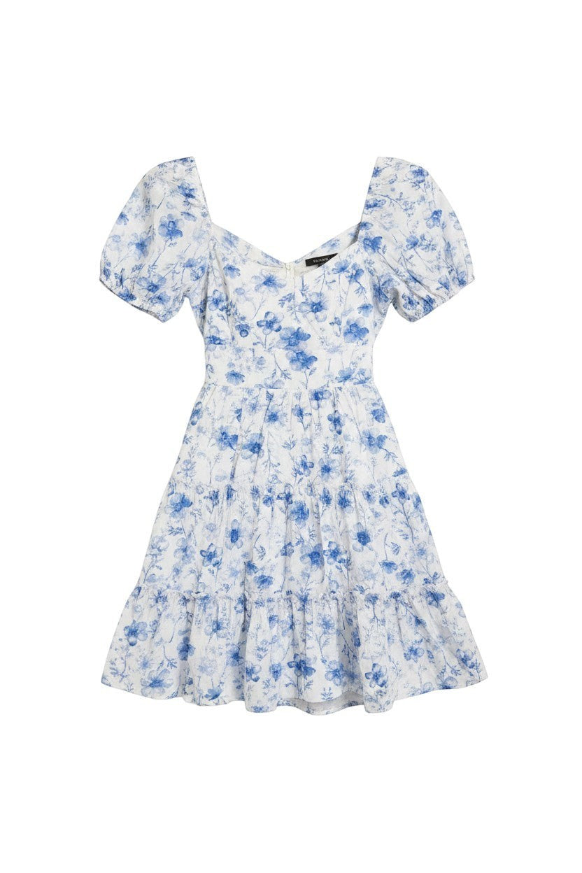 Yanet Collection Shop blue and white floral print mini dress with short puff sleeves and a tiered skirt