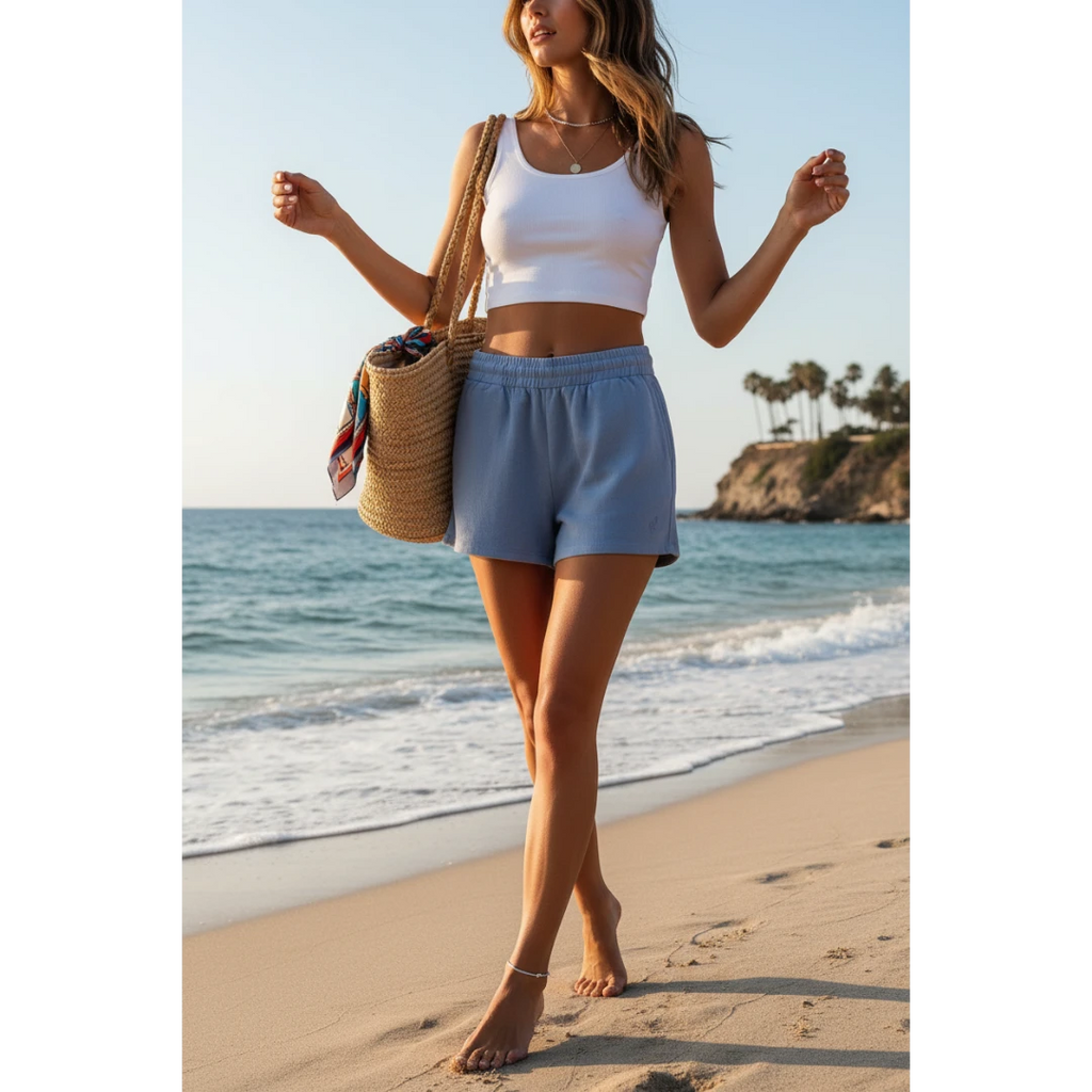 Yanet Collection Shop blue high-waist relaxed shorts with elastic waistband worn by a woman on a sunny beach