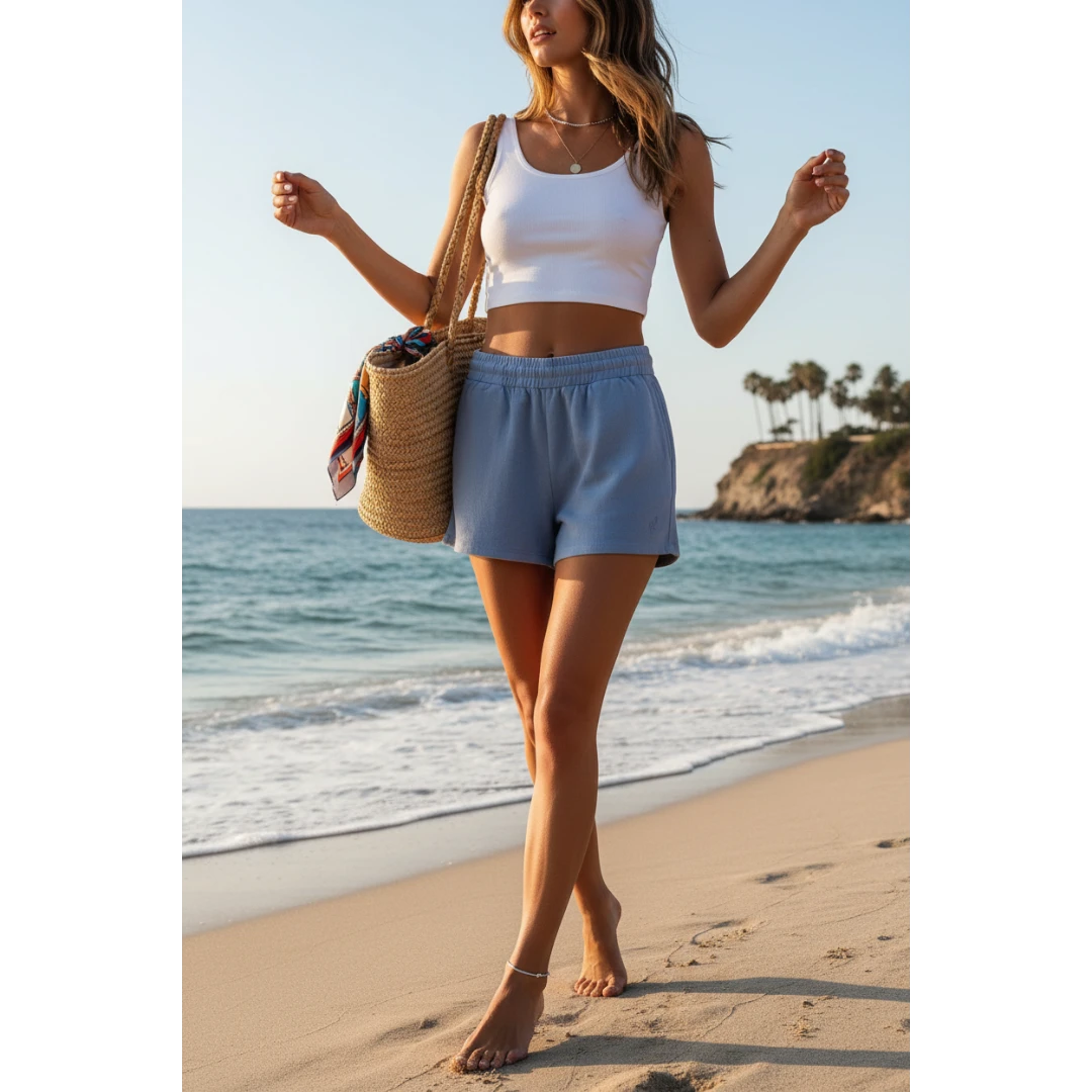 Yanet Collection Shop blue high-waist relaxed shorts with elastic waistband worn by a woman on a sunny beach
