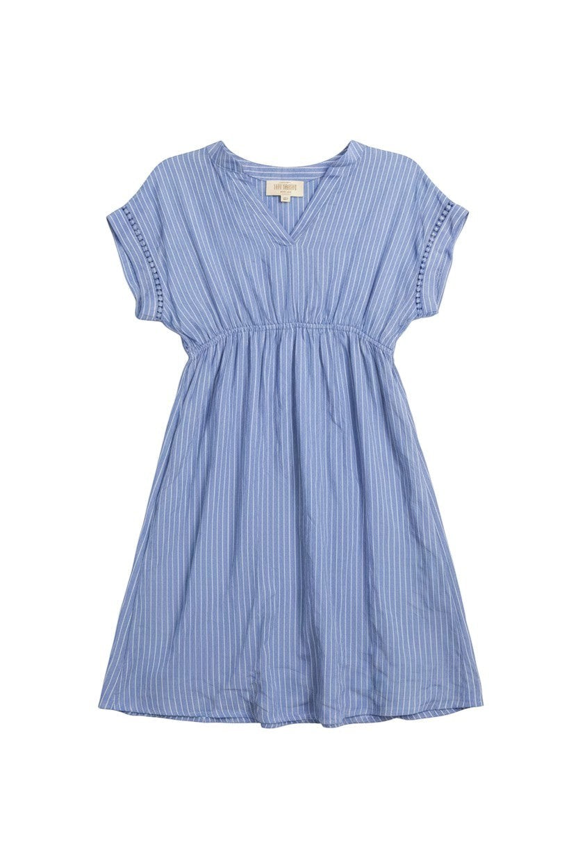 Yanet Collection Shop blue striped short sleeve dress with v-neckline and waist tie in a relaxed fit