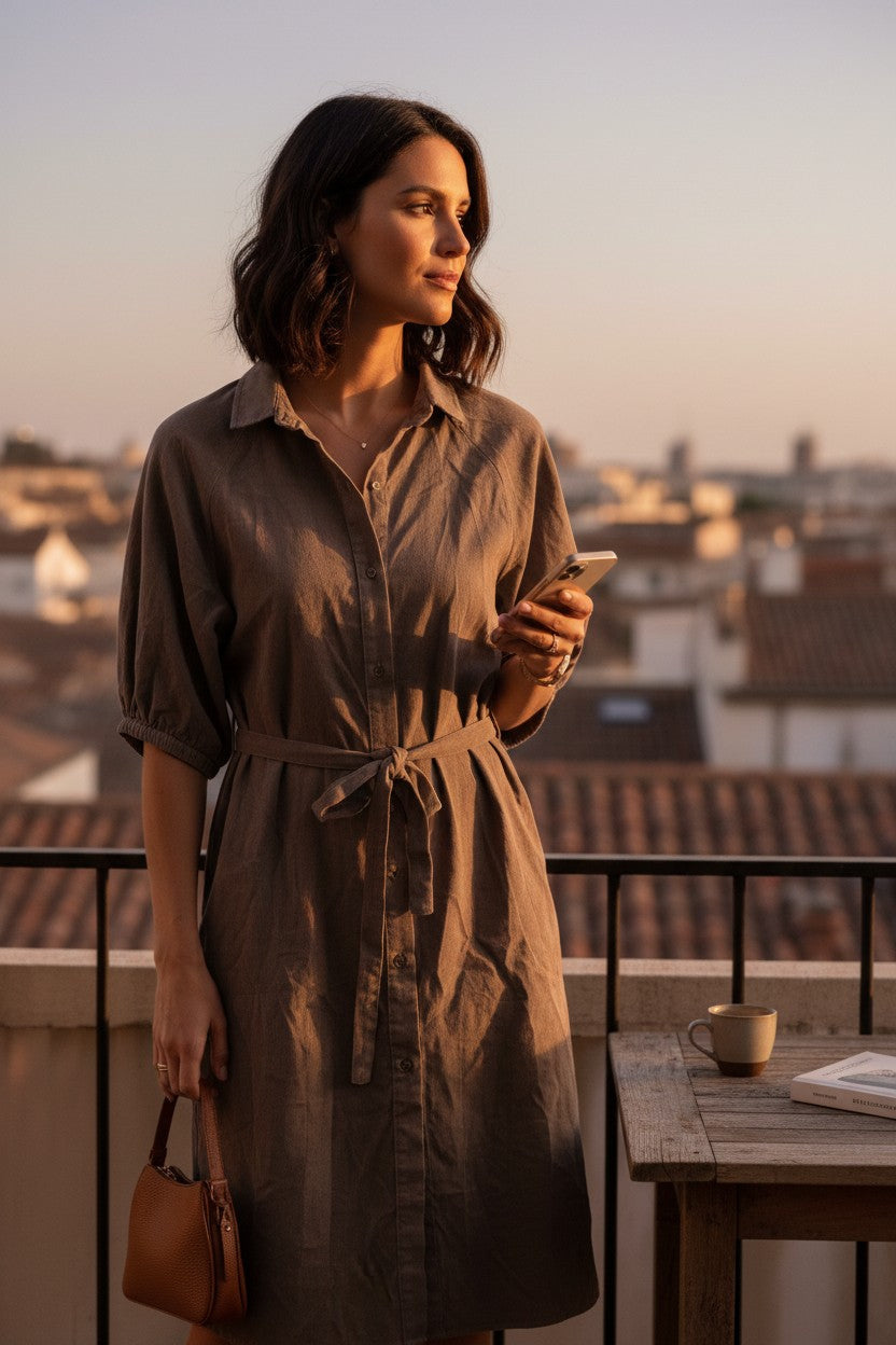 Yanet Collection Shop brown button-up short sleeve dress with a belted waist worn by a woman on a balcony at sunset.