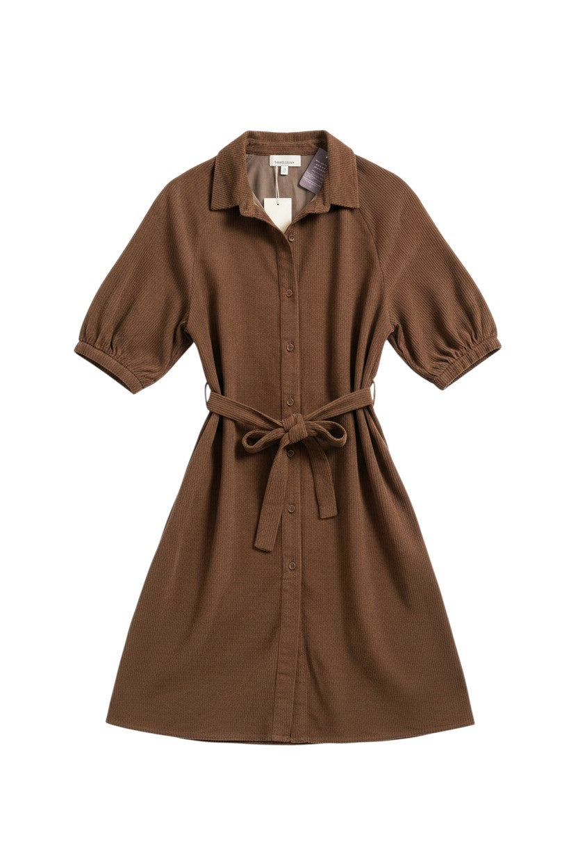 Yanet Collection Shop brown button-up short sleeve dress with a belted waist and textured fabric in a relaxed fit.