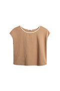 Yanet Collection Shop brown short sleeve crop top with white contrast trim and relaxed fit