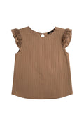Yanet Collection Shop brown short sleeve top with delicate lace trim on the ruffled sleeves and a round neckline.