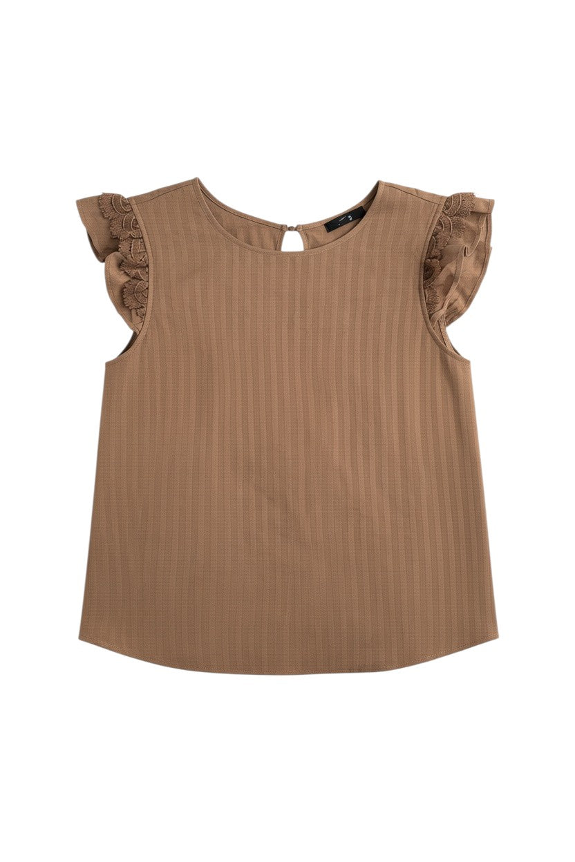 Yanet Collection Shop brown short sleeve top with delicate lace trim on the ruffled sleeves and a round neckline.