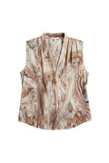 Yanet Collection Shop sleeveless button-up blouse in a brown and cream marble print with a classic collar.
