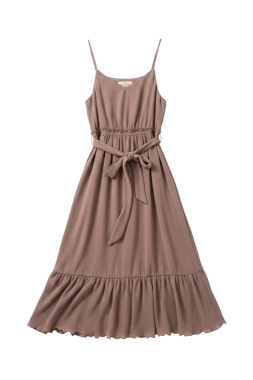 Yanet Collection Shop brown sleeveless maxi dress with a tie waist and ruffled hem in lightweight textured fabric