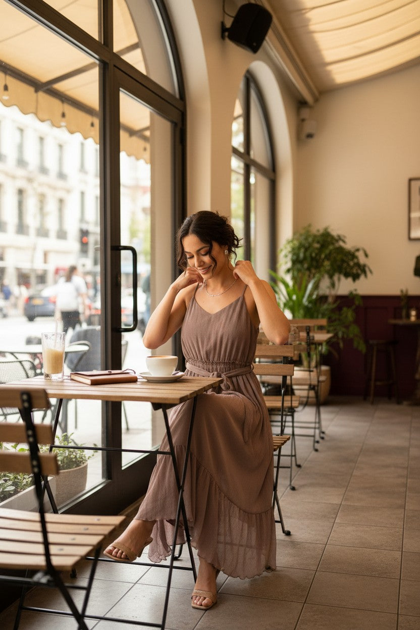 Yanet Collection Shop brown sleeveless maxi dress with a ruffled hem and tie waist worn by a woman in a cafe