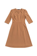 Yanet Collection Shop brown midi dress with a keyhole neckline and three-quarter sleeves in a smooth tailored fabric.
