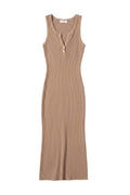 Yanet Collection Shop brown sleeveless ribbed maxi dress with button-down neckline and body-hugging fit