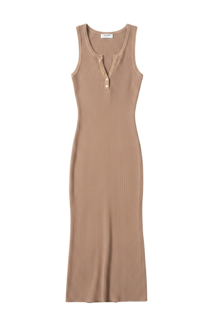 Yanet Collection Shop brown sleeveless ribbed maxi dress with button-down neckline and body-hugging fit
