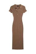 Yanet Collection Shop brown ribbed maxi dress with short sleeves, a collared neckline, and gold button-down front.