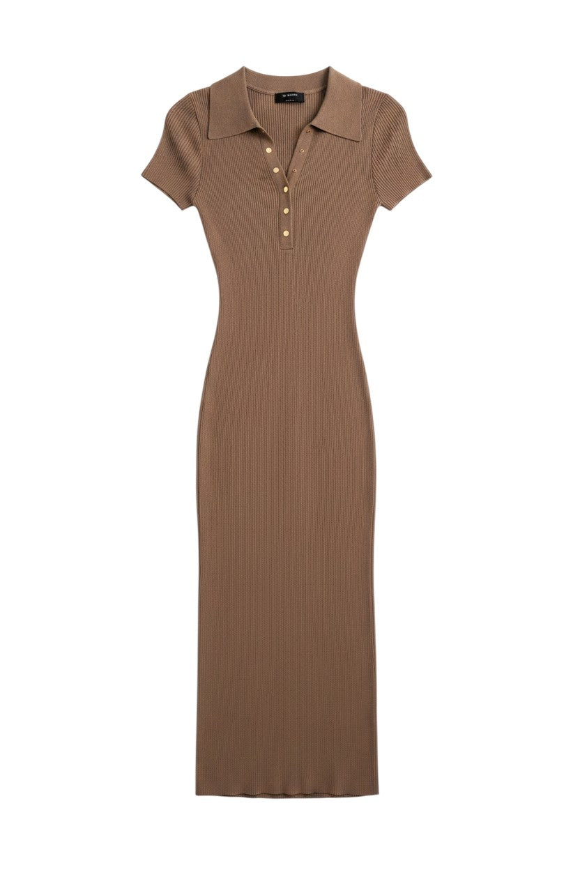 Yanet Collection Shop brown ribbed maxi dress with short sleeves, a collared neckline, and gold button-down front.