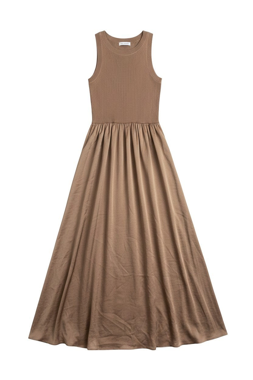 Yanet Collection Shop brown sleeveless maxi dress with a ribbed fitted bodice and a lightweight flowy skirt