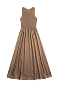 Yanet Collection Shop brown sleeveless maxi dress with a ribbed fitted bodice and a lightweight flowy skirt