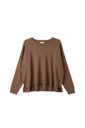 Yanet Collection Shop brown long sleeve sweater with a relaxed fit, crew neckline, and a high-low ribbed hem.