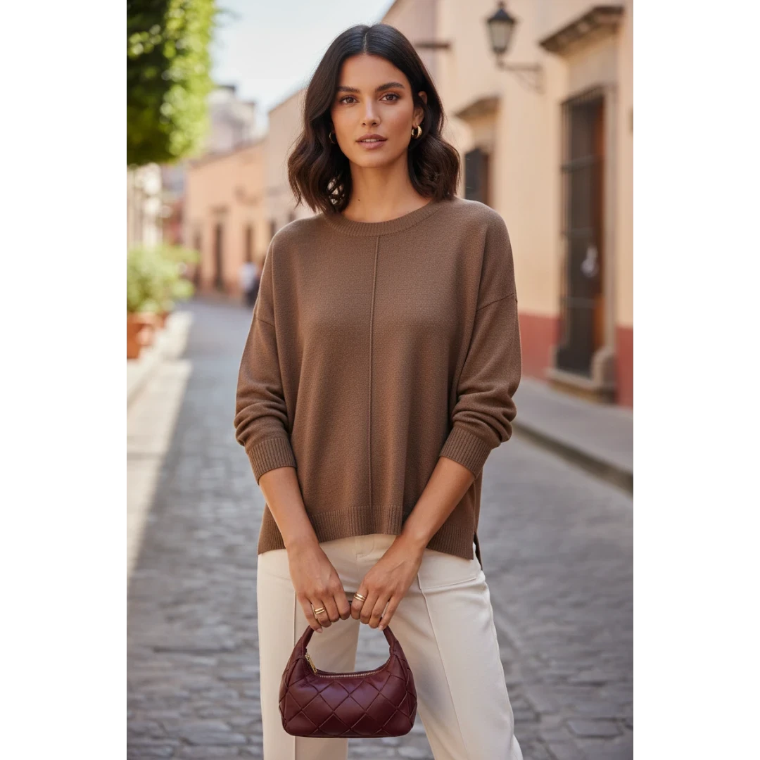 Yanet Collection Shop brown long sleeve sweater with a relaxed fit and ribbed hem worn by a woman on a city street