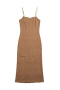 Yanet Collection Shop brown sleeveless maxi dress in a lightweight textured fabric with thin spaghetti straps.