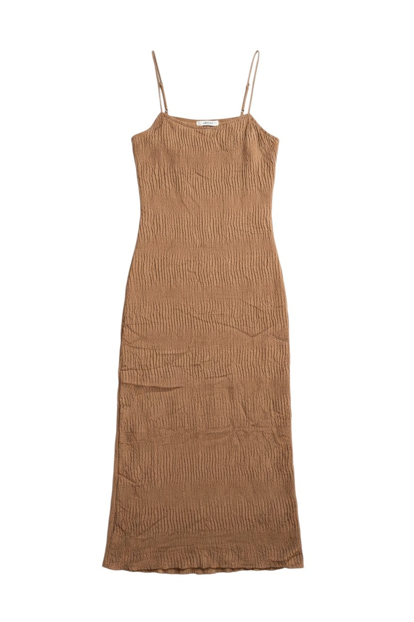 Yanet Collection Shop brown sleeveless maxi dress in a lightweight textured fabric with thin spaghetti straps.
