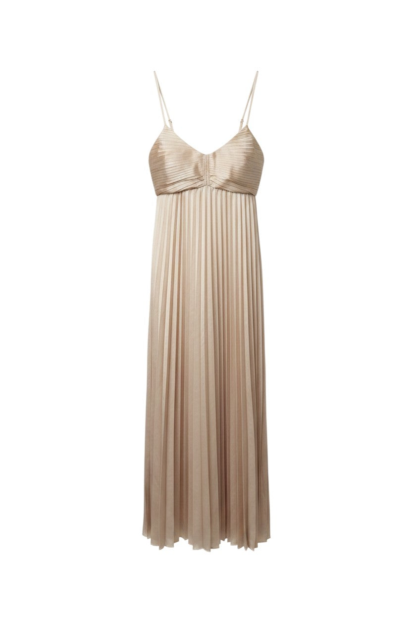 Yanet Collection Shop By the river champagne pleated midi dress with spaghetti straps and a sweetheart neckline.