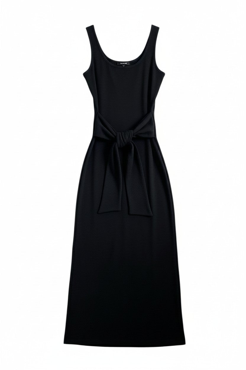 Yanet Collection Shop charcoal sleeveless maxi dress with a flattering tie waist detail and smooth fitted silhouette.