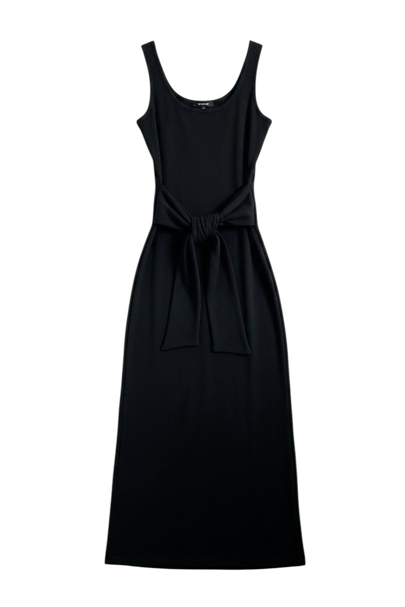 Yanet Collection Shop charcoal sleeveless maxi dress with a flattering tie waist and smooth, floor-length silhouette.