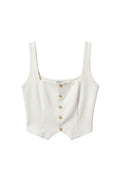 Yanet Collection Shop cream sleeveless crop top with a square neckline and front button detail in a fitted style