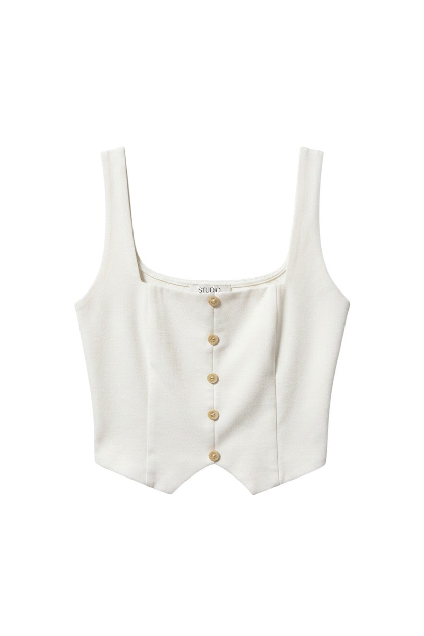 Yanet Collection Shop cream sleeveless crop top with a square neckline and front button detail in a fitted style