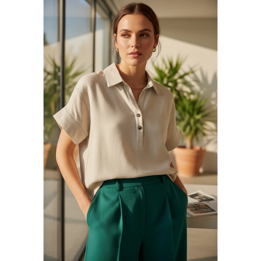 Yanet Collection Shop cream short sleeve button-up top with a classic collar worn by a woman in a sunlit room