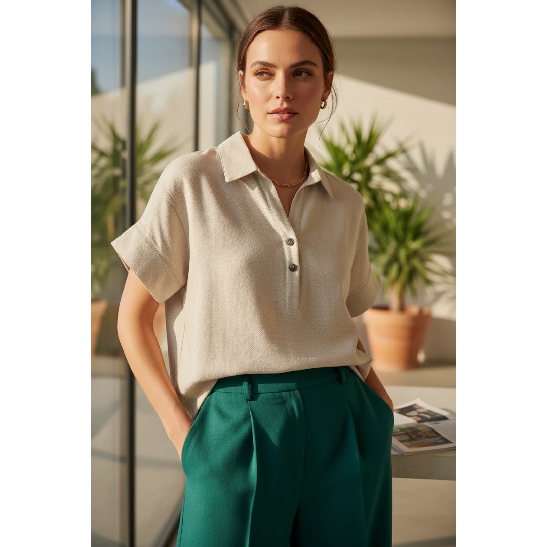 Yanet Collection Shop cream short sleeve button-up top with a classic collar worn by a woman in a sunlit room