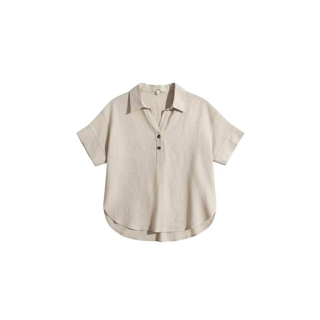 Yanet Collection Shop cream short sleeve button-up top with a classic collar and relaxed fit in lightweight fabric.
