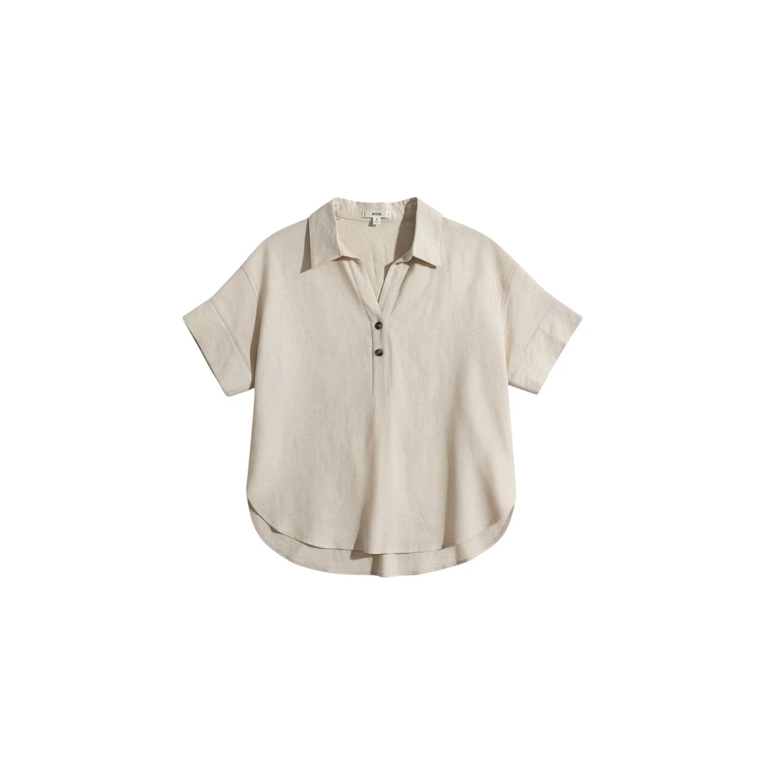 Yanet Collection Shop cream short sleeve button-up top with a classic collar and relaxed fit in lightweight fabric.