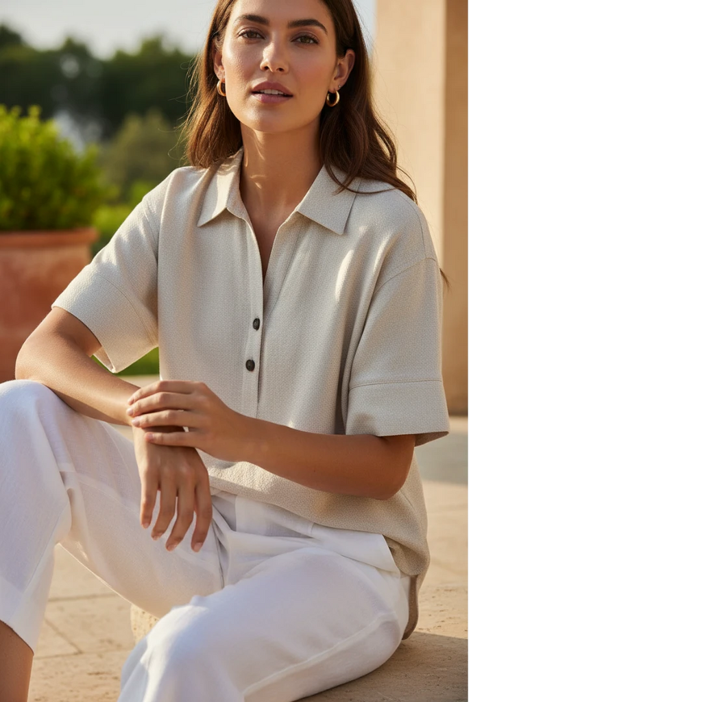 Yanet Collection Shop cream short sleeve button-up top with a classic collar and relaxed fit worn by a woman outdoors