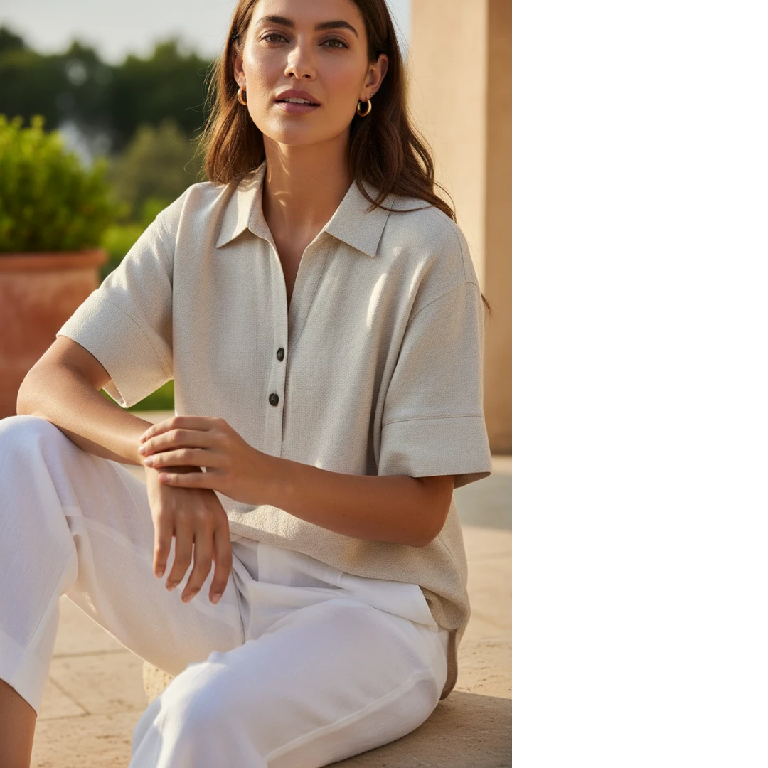 Yanet Collection Shop cream short sleeve button-up top with a classic collar and relaxed fit worn by a woman outdoors