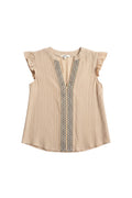 Yanet Collection Shop cream flutter sleeve top with v-neckline, textured fabric, and blue embroidered front detail.
