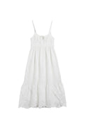 Yanet Collection Shop cream sleeveless maxi dress with delicate eyelet trim at the hem and adjustable spaghetti straps.